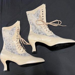 Oak Tree Farms Vesper leather and lace Victorian wedding boots in beige pearl.